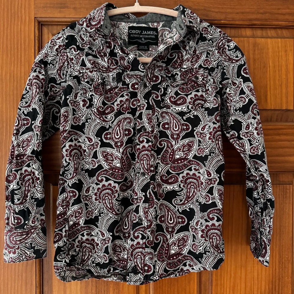 Cody James Pearl Snap Shirt Boys Medium Black Burgundy Paisley Western Rodeo